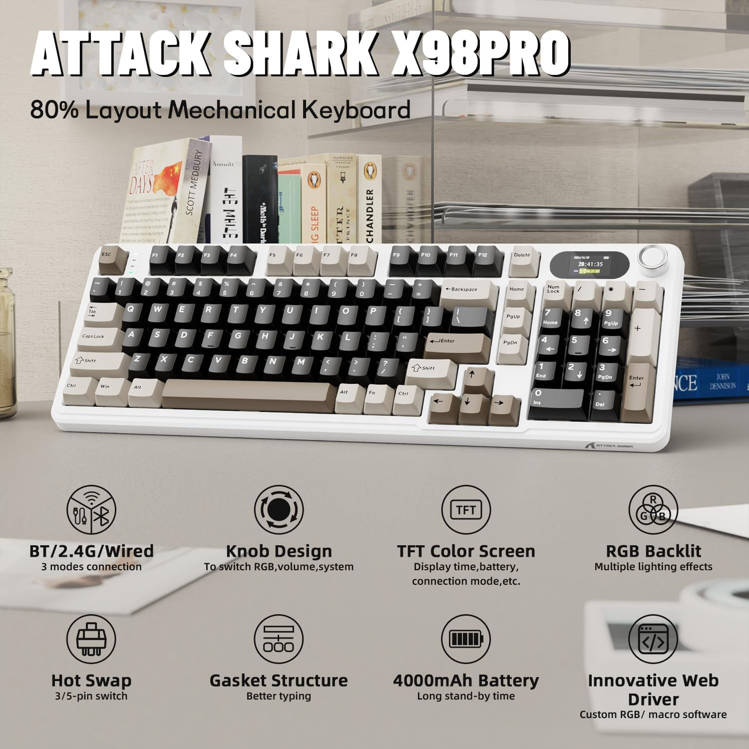 ATTACK SHARK X98Pro Wireless Mechanical Keyboard with Screen & Knob, Tri-mode Ga