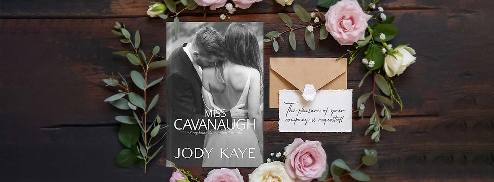 Miss Cavanaugh book cover next to envelope. Message says "The pleasure of your company is requested!"