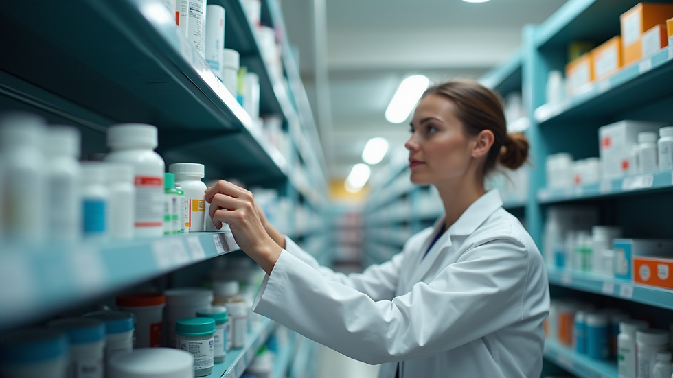 Eye-level view of a pharmacist organizing medicine shelves