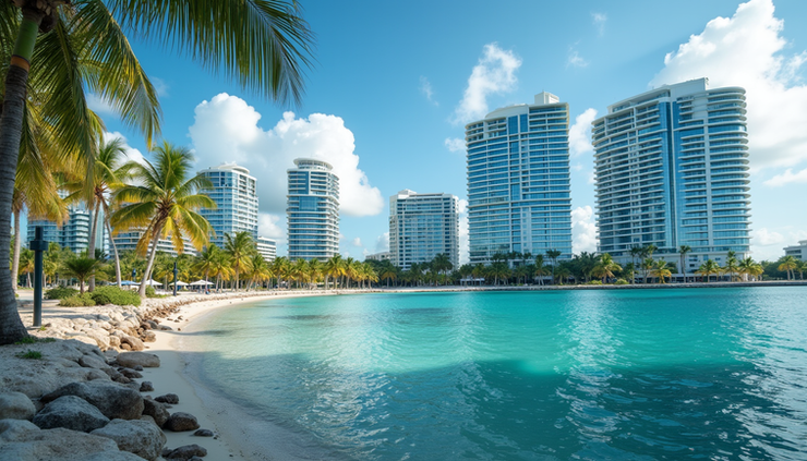 Eye-level view of the Cayman Islands financial district with modern office buildings