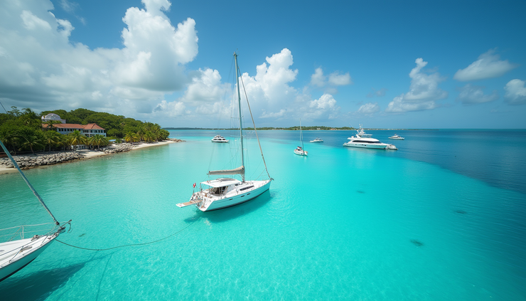 Eye-level view of the Cayman Islands coastline with clear blue waters and yachts