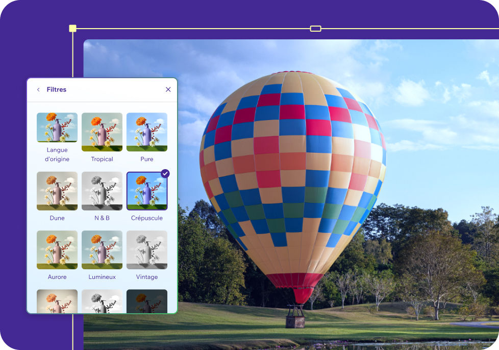 Interface des filtres photo montrant une image de montgolfière avec plusieurs options de filtres, dont noir et blanc, néon et ambiance sombre.