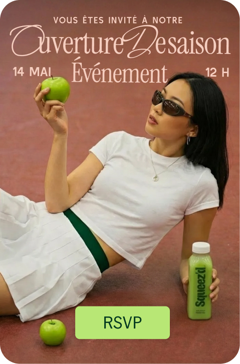Une page d’événement pour une marque de jus, avec une femme tenant une pomme verte et une bouteille de jus. Un grand bouton RSVP se trouve en bas.