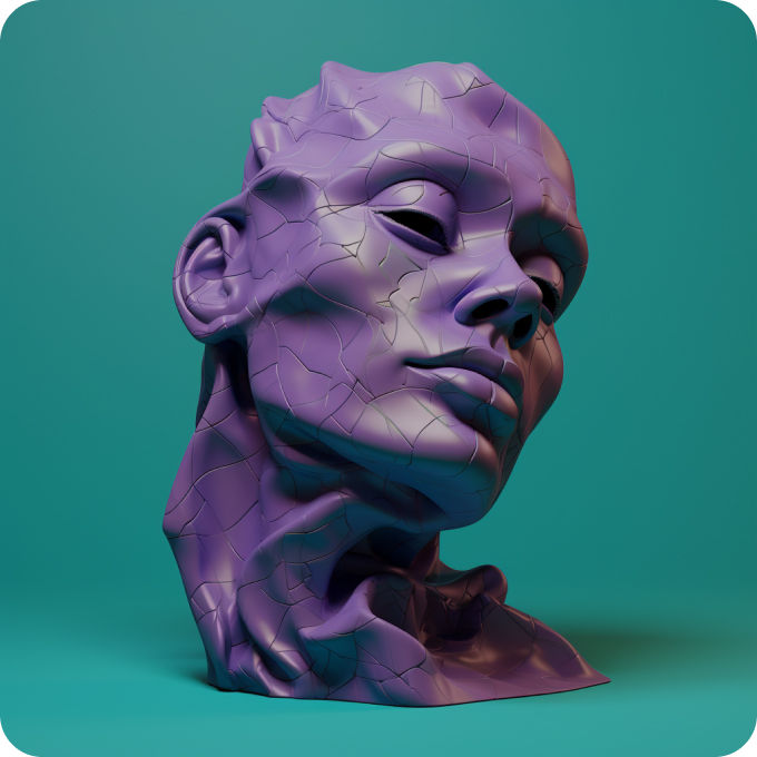 A a purple statue of a person on green background