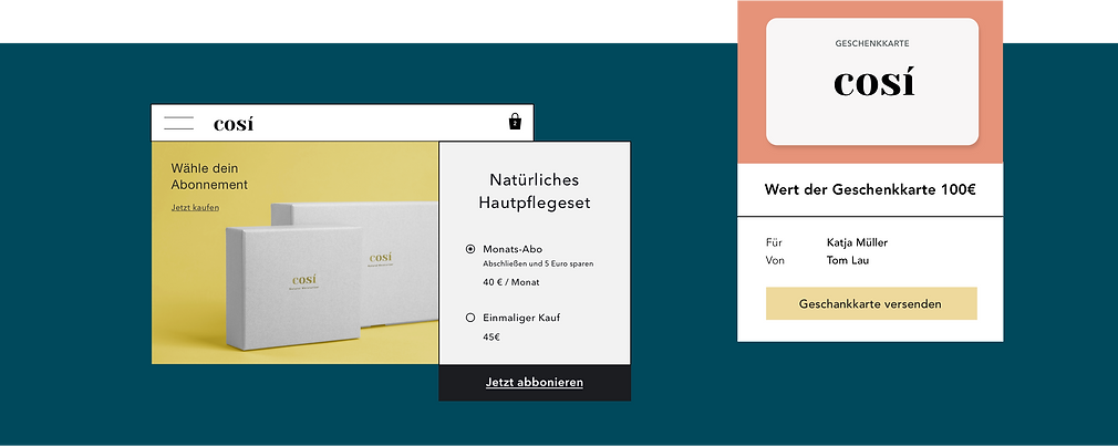 Online-Kosmetikgeschäft mit digitalen Geschenkkarten und Produktabonnements.