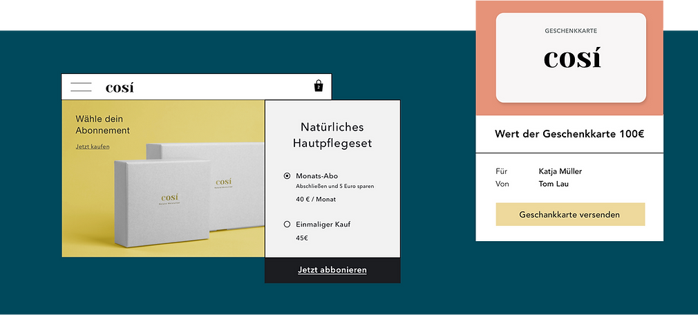 Online-Kosmetikgeschäft mit digitalen Geschenkkarten und Produktabonnements.
