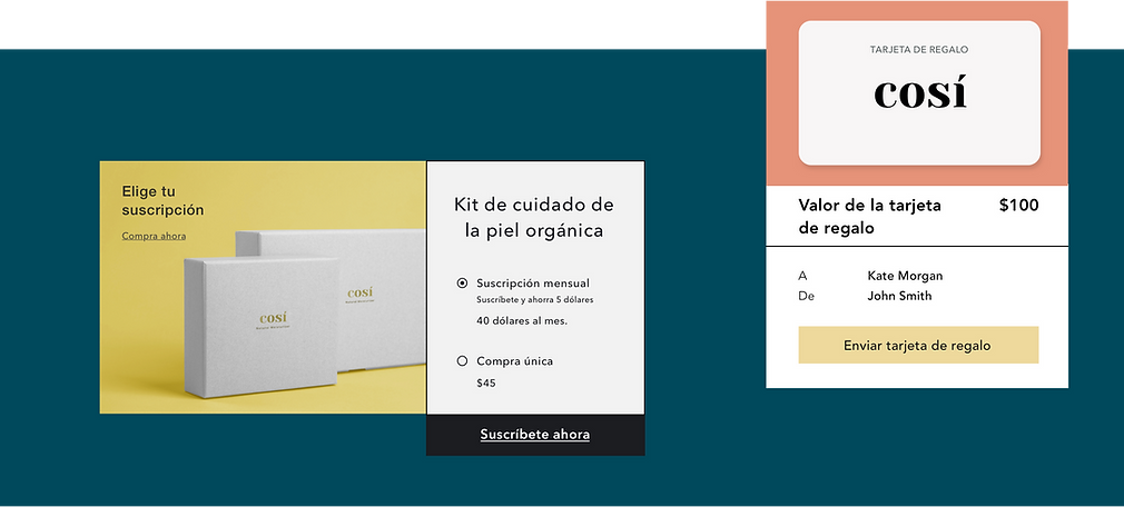 Tienda de cosméticos en línea que ofrece tarjetas de regalo digitales y paquetes de suscripción de productos.
