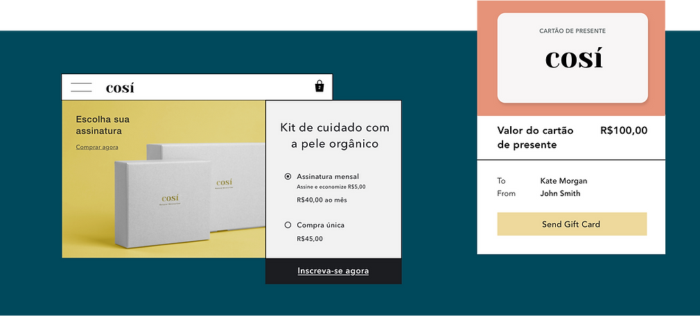 Loja de cosméticos online que oferece cartões de presente digitais e caixas de assinatura de produtos