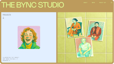 Colorful illustrations of people displayed in a gallery setting for a site and matching .com domain at The BYNC Studio.