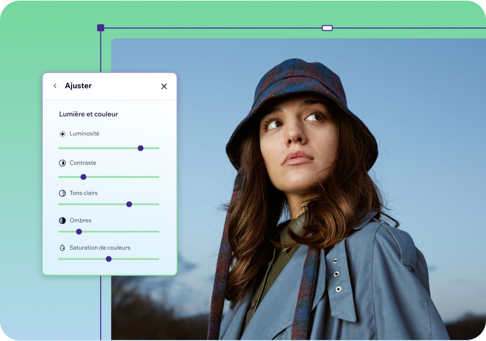 "Panneau des filtres photo avec curseurs de réglage pour la luminosité, le contraste, les hautes lumières, les ombres et la saturation, appliqué au portrait d’une femme portant un chapeau.