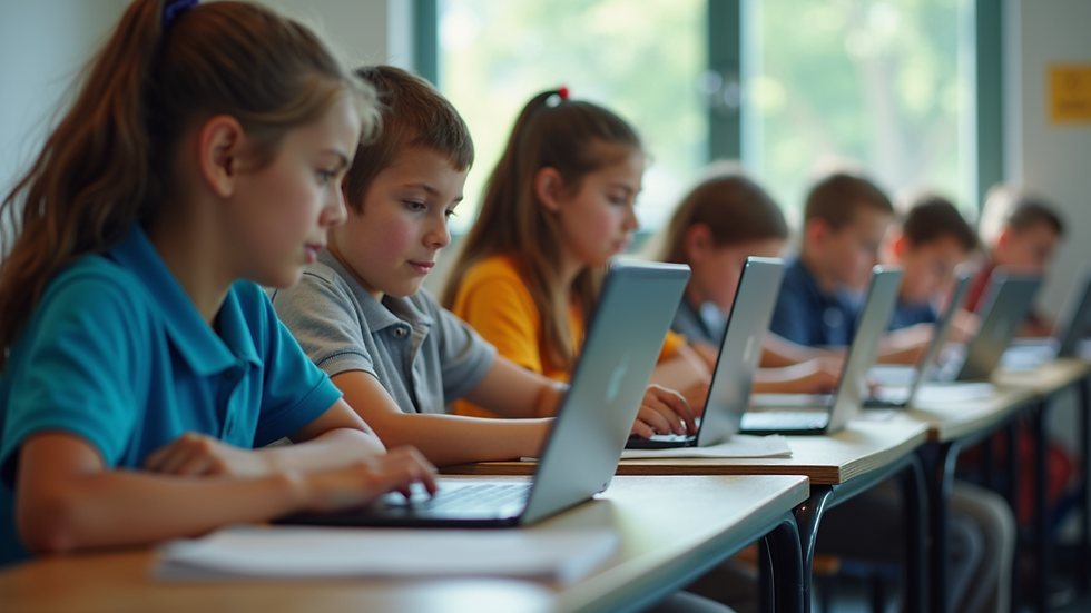 Eye-level view of a colorful coding classroom with kids working on laptops