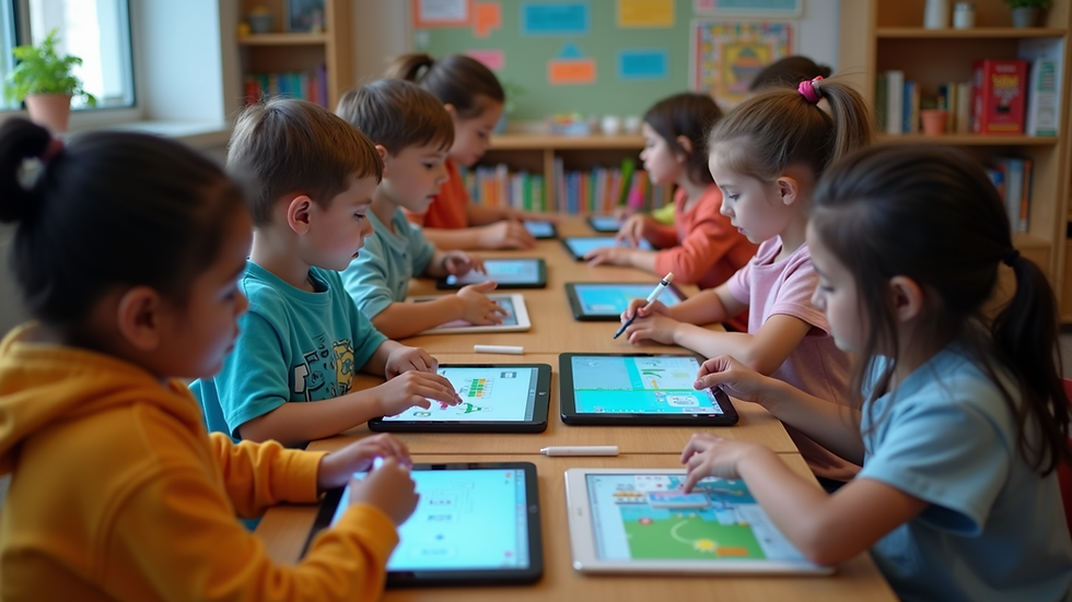 High angle view of a colorful coding workshop with kids using tablets