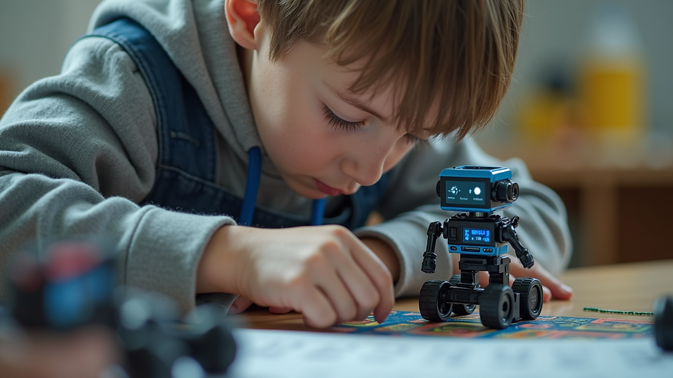 Close-up of a child building a robot with coding components