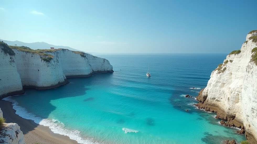 Wide angle view of the turquoise sea and white cliffs of Tropea