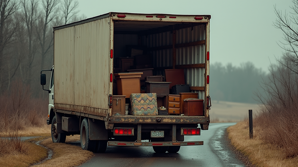 High angle view of a junk removal truck being loaded with old furniture