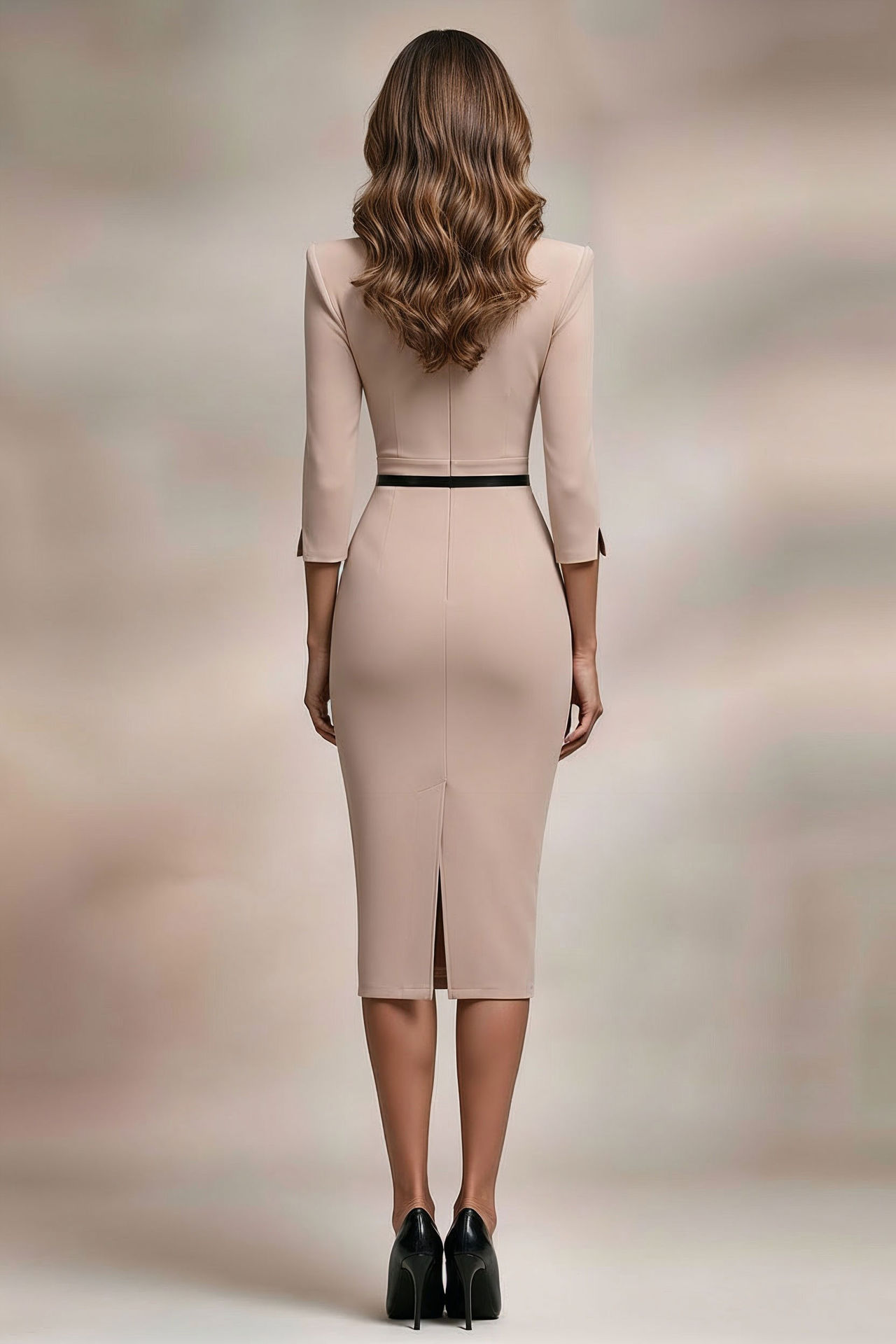 GINGER - beige fitted mididress with 3/4 sleeves