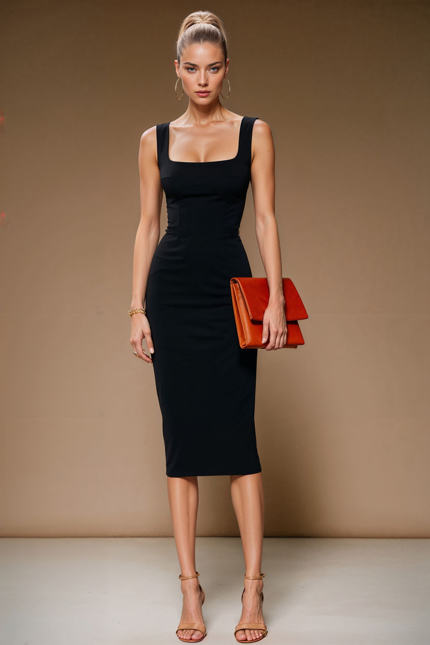 BRIGITTE black fitted sheath mididress