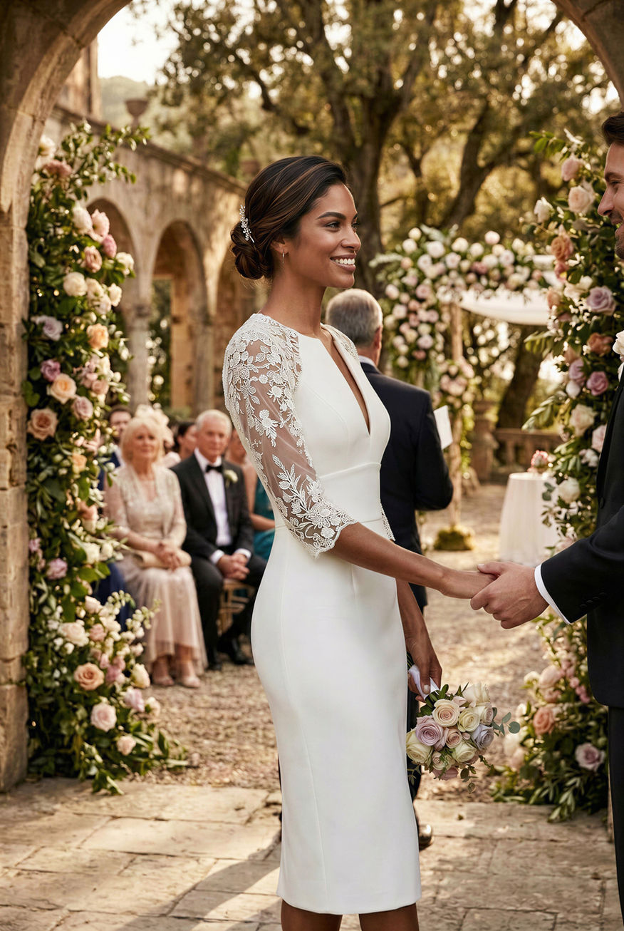 AVA - light ivory fitted wedding ceremony dress with sleeves