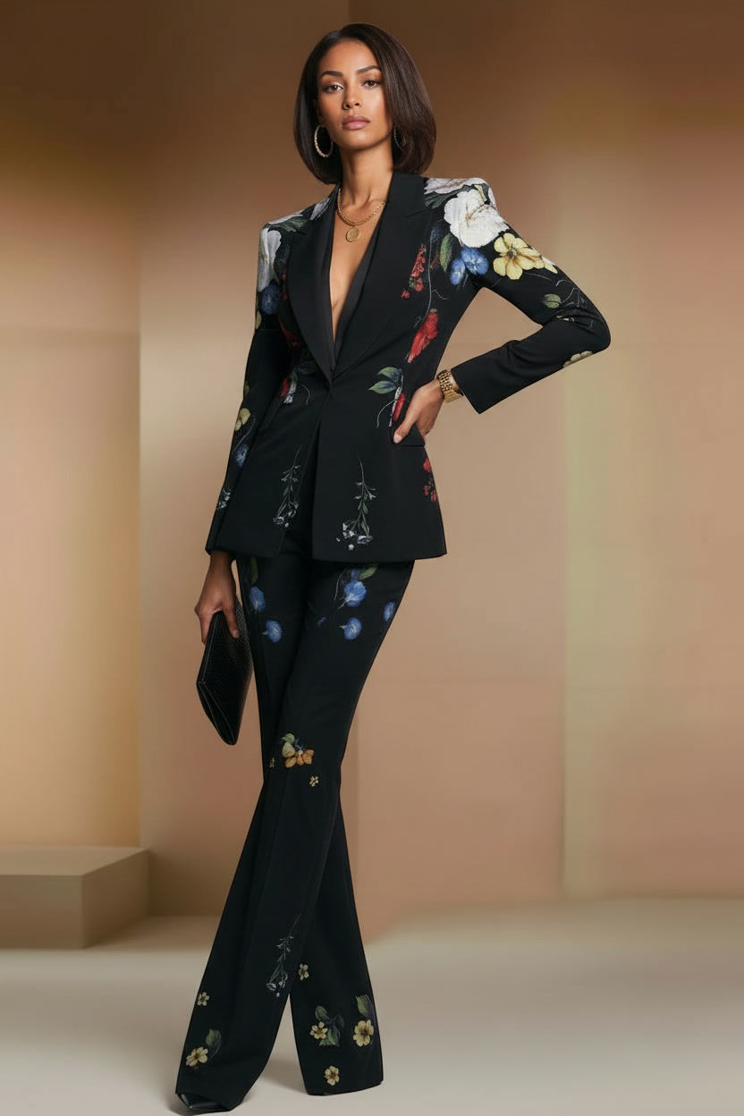 JYL black designer floral pattern woman pantsuit work attire