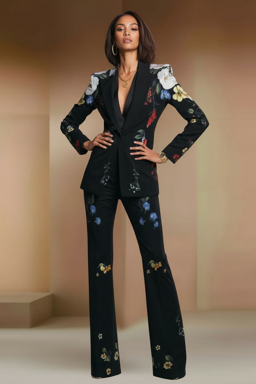 JYL black designer floral pattern woman pantsuit work attire