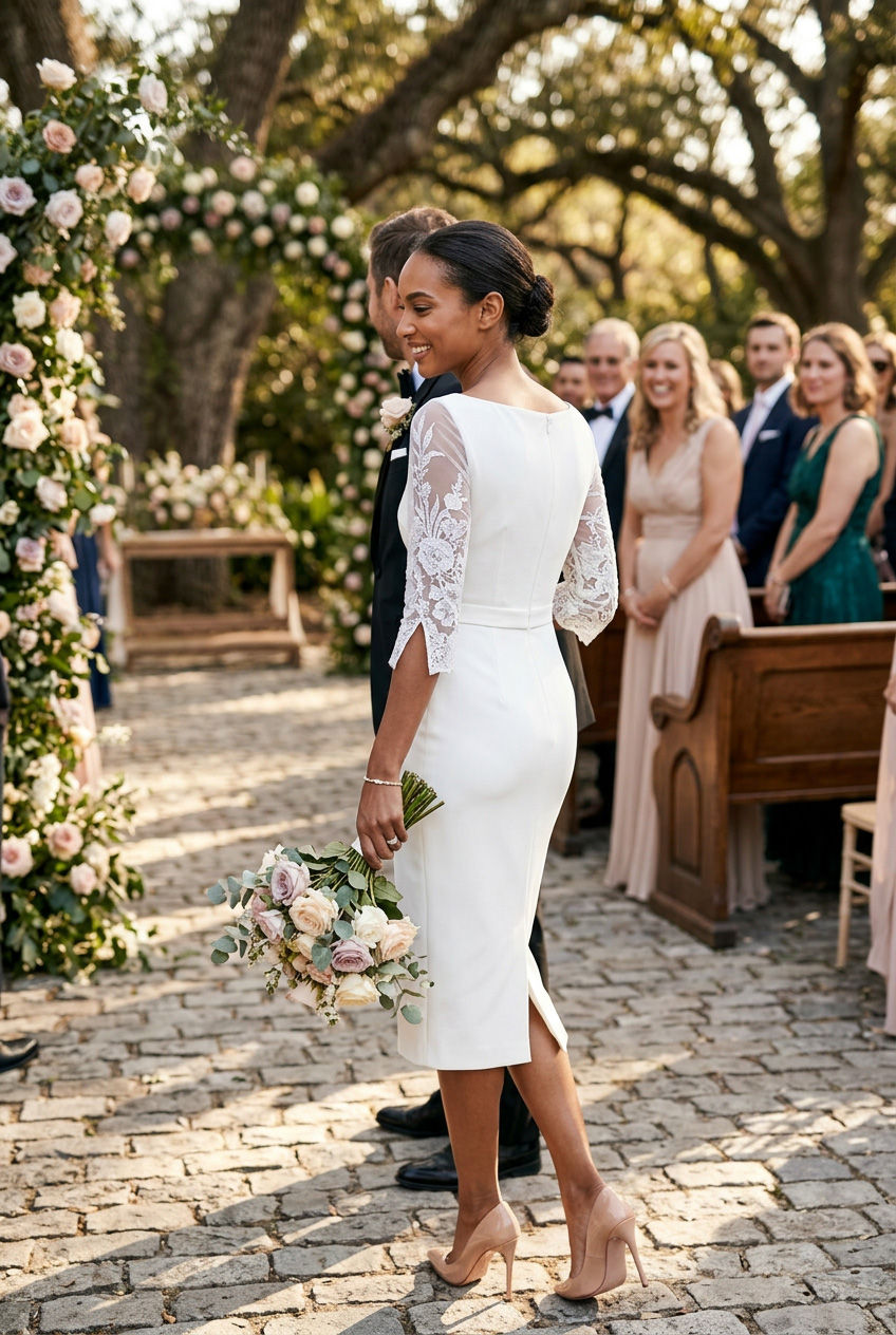 GINGER - light ivory fitted sheath dress with 3/4 lace sleeves