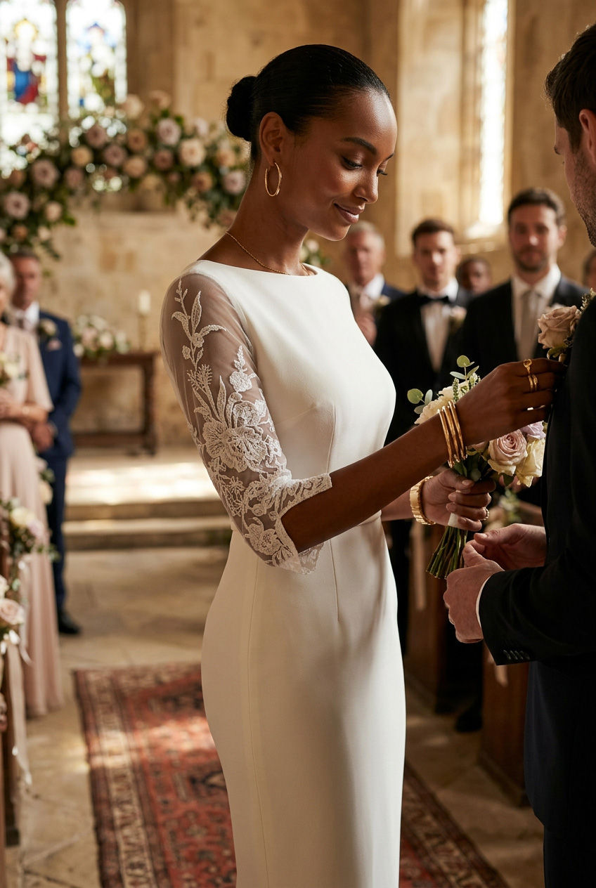 GINGER - light ivory fitted sheath dress with 3/4 lace sleeves