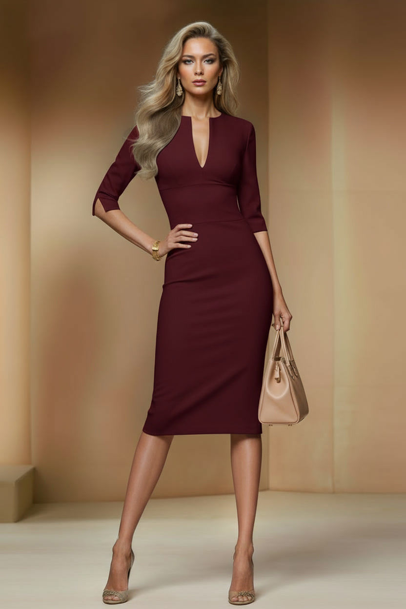 The AUDRAY bordeaux fitted midi sheath dress with 3/4 sleeves
