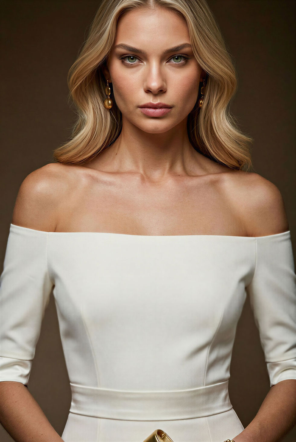 HALLE - light ivory fitted wedding ceremony off shoulder sheath dress with 3/4