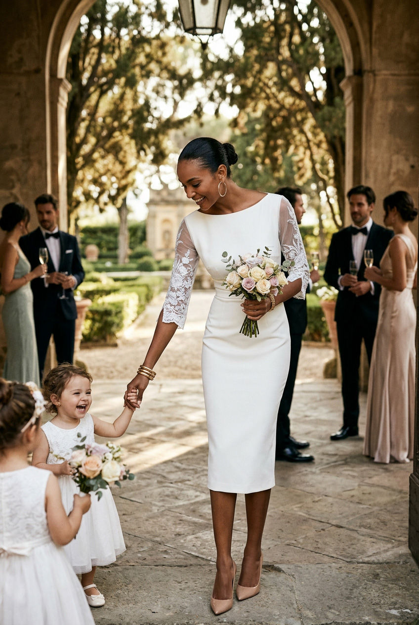 GINGER - light ivory fitted sheath dress with 3/4 lace sleeves