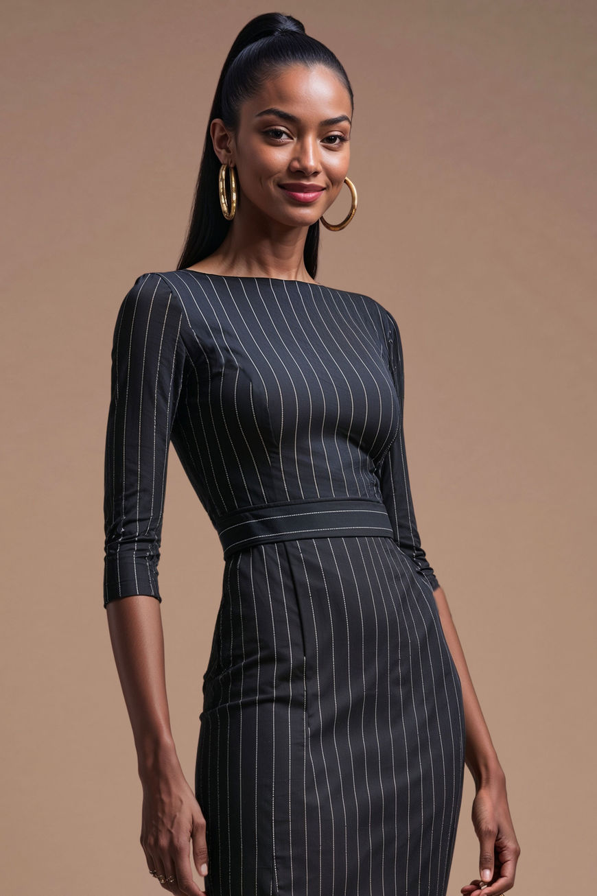 GINGER black white pinstripe fitted sheath midi dress with sleeves