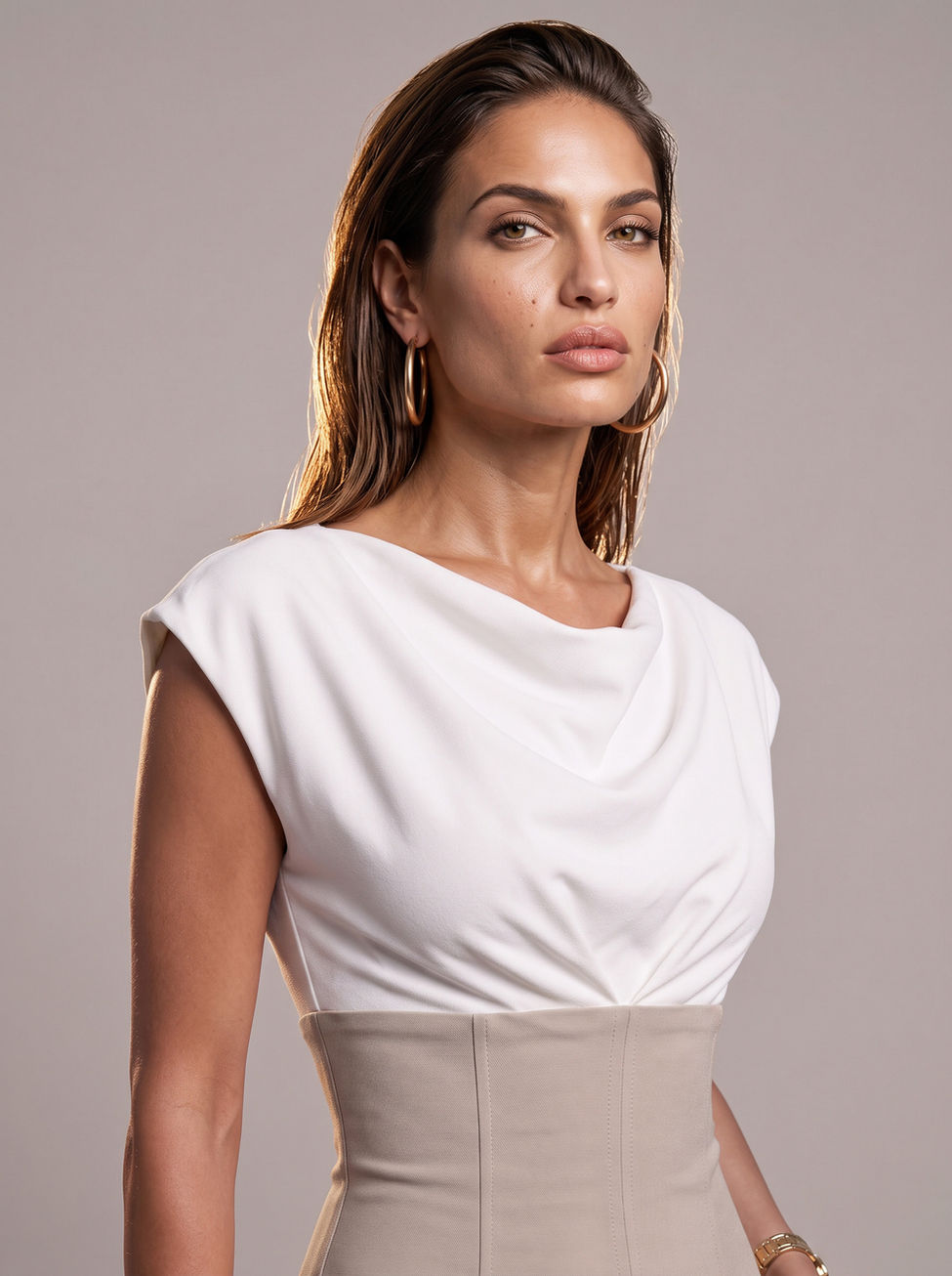 JACKIE - stone grey / light ivory fitted sheath dress