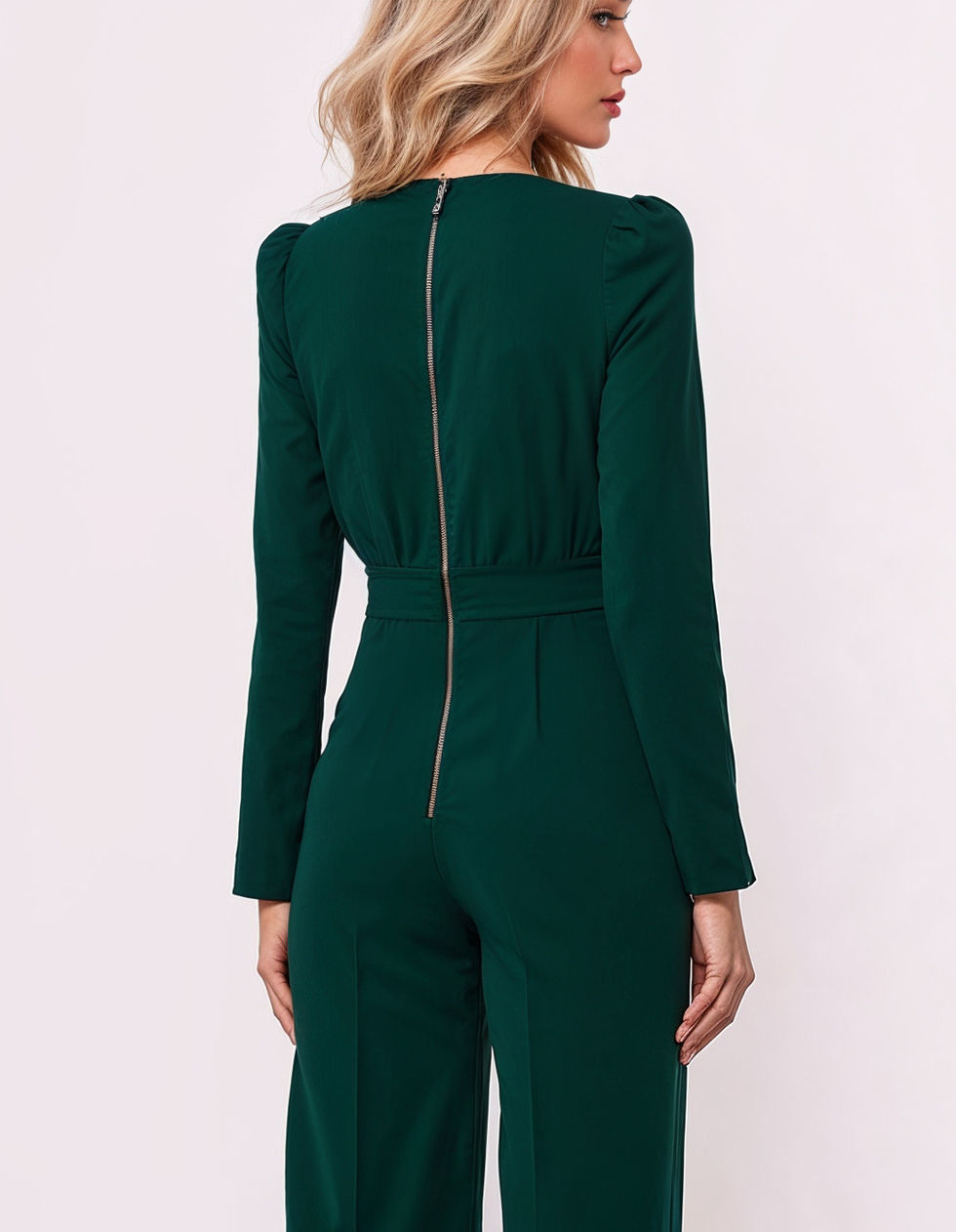 woman dark green jumpsuit wide leg with long sleeves