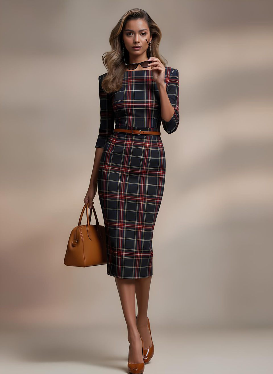 GINGER - navy tartan fitted mididress with 3/4 sleeves