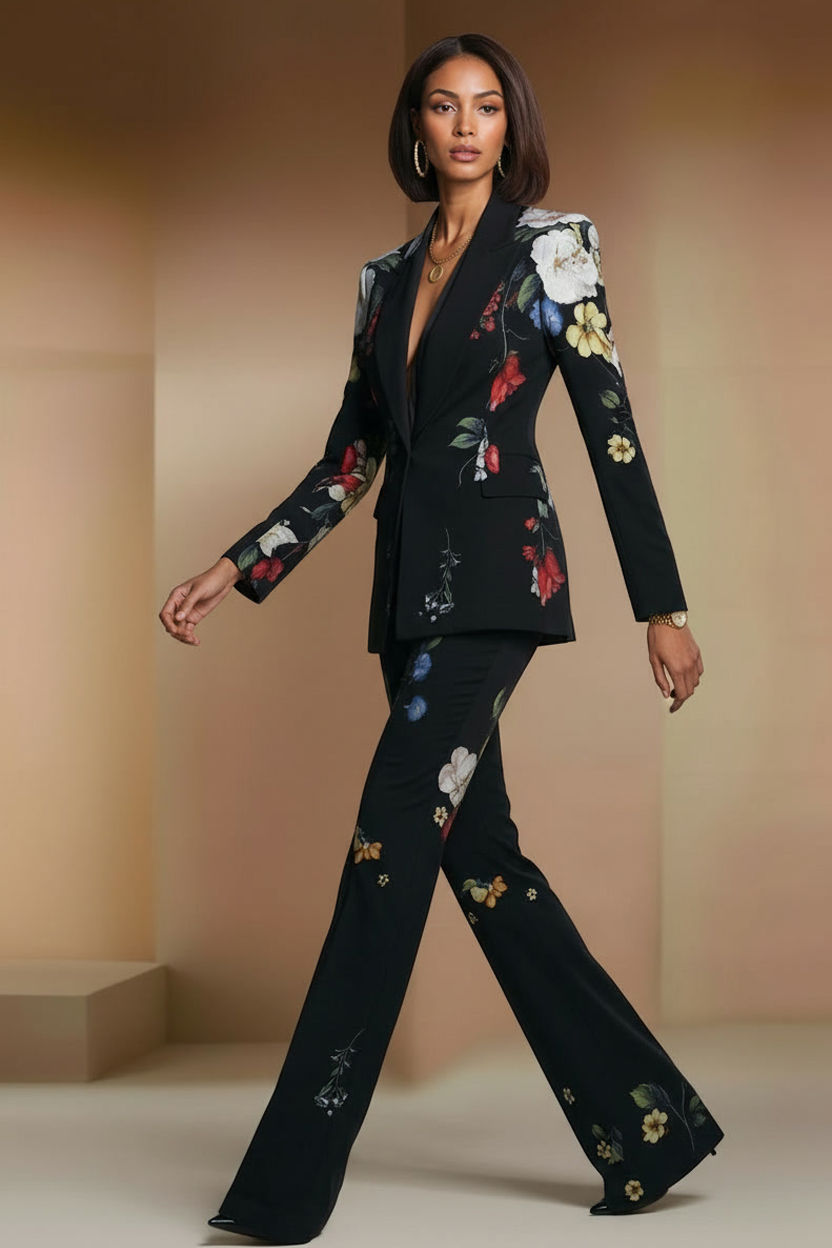 JYL black designer floral pattern woman pantsuit work attire