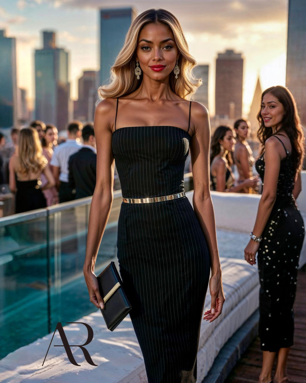 MONICA black white pinstripe midi fitted sheath dress little black dress lbd