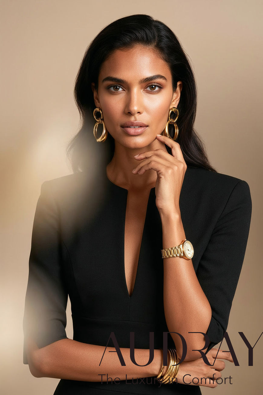 The AUDRAY black fitted midi sheath dress with 3/4 sleeves