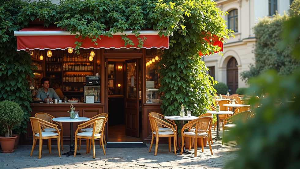 High angle view of a charming café decorated with greenery
