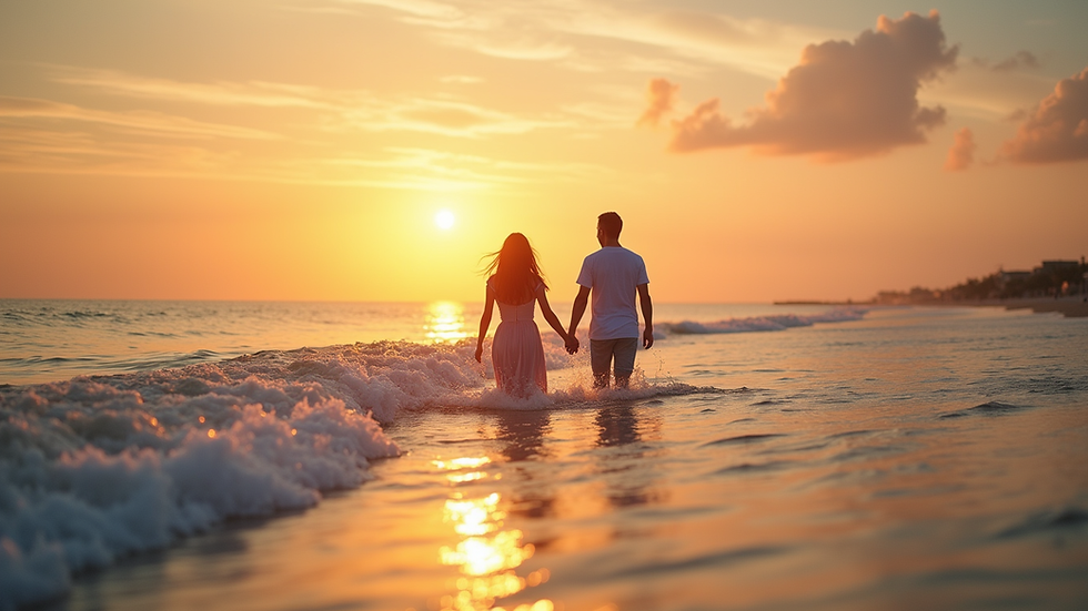 Vue en plongée d’un couple marchant main dans la main sur la plage au coucher du soleil