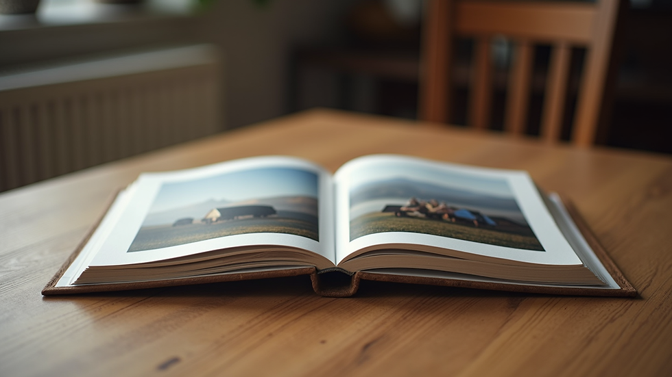 Vue en contre-plongée d'un album photo ouvert sur une table en bois
