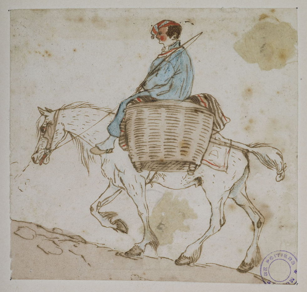 Paysan à cheval, dessin à la plume et aquarelle, Musée de Poitiers