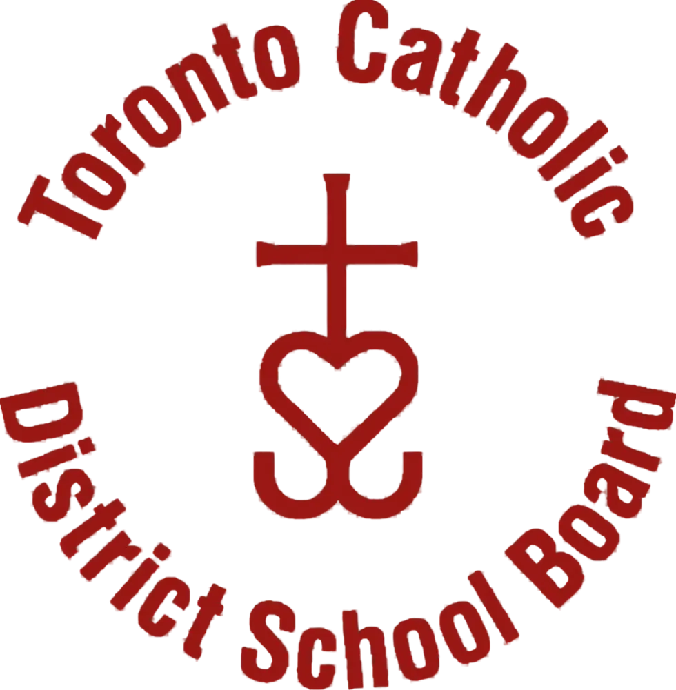 Digital graphic logo for the Toronto Catholic District School Board. The emblem features a stylized cross within a heart shape, enclosed by the board's name.
