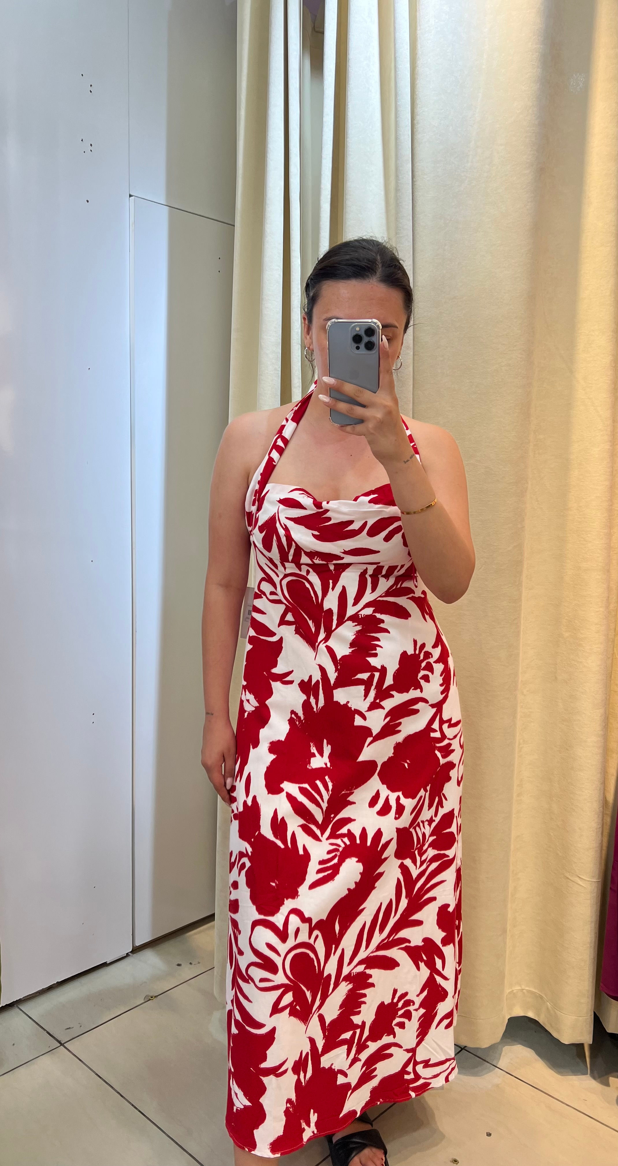 Boyundan bağlama detaylı keten elbise