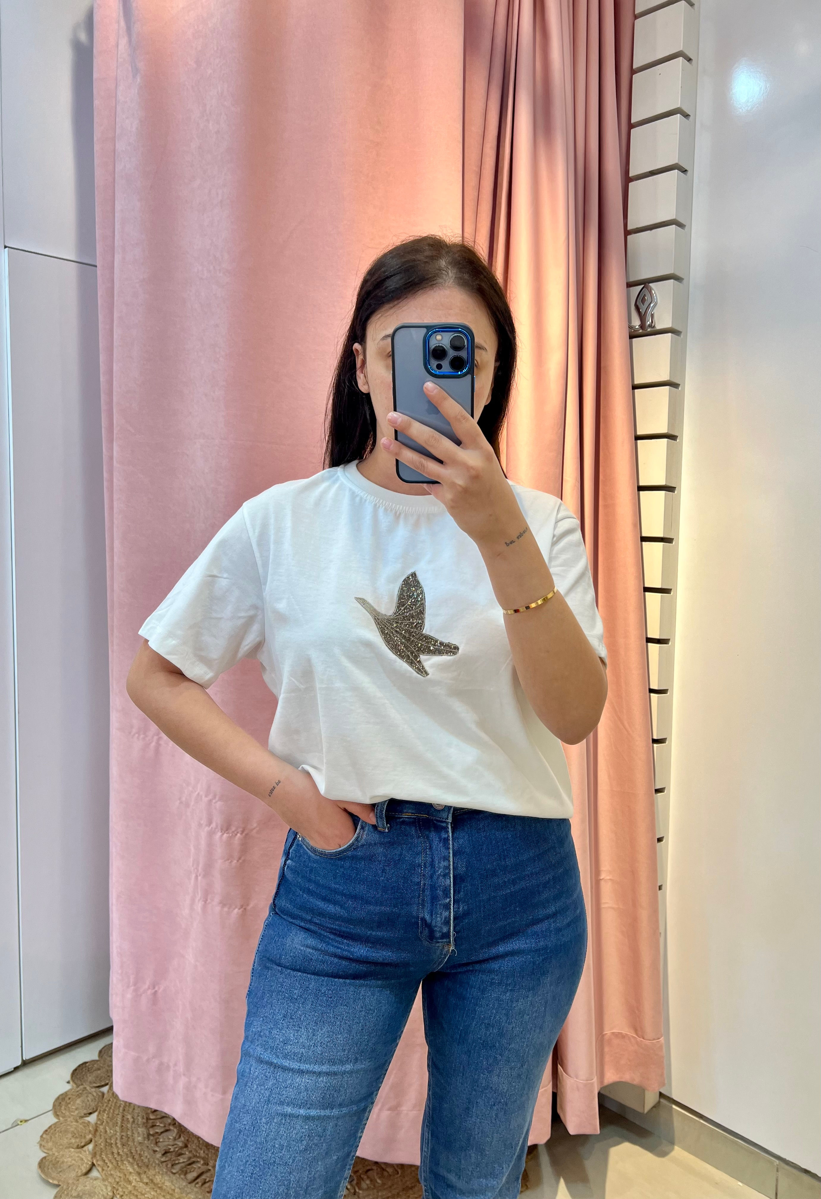 Taş İşlemeli Kuşlu Kısa Kollu Tişört