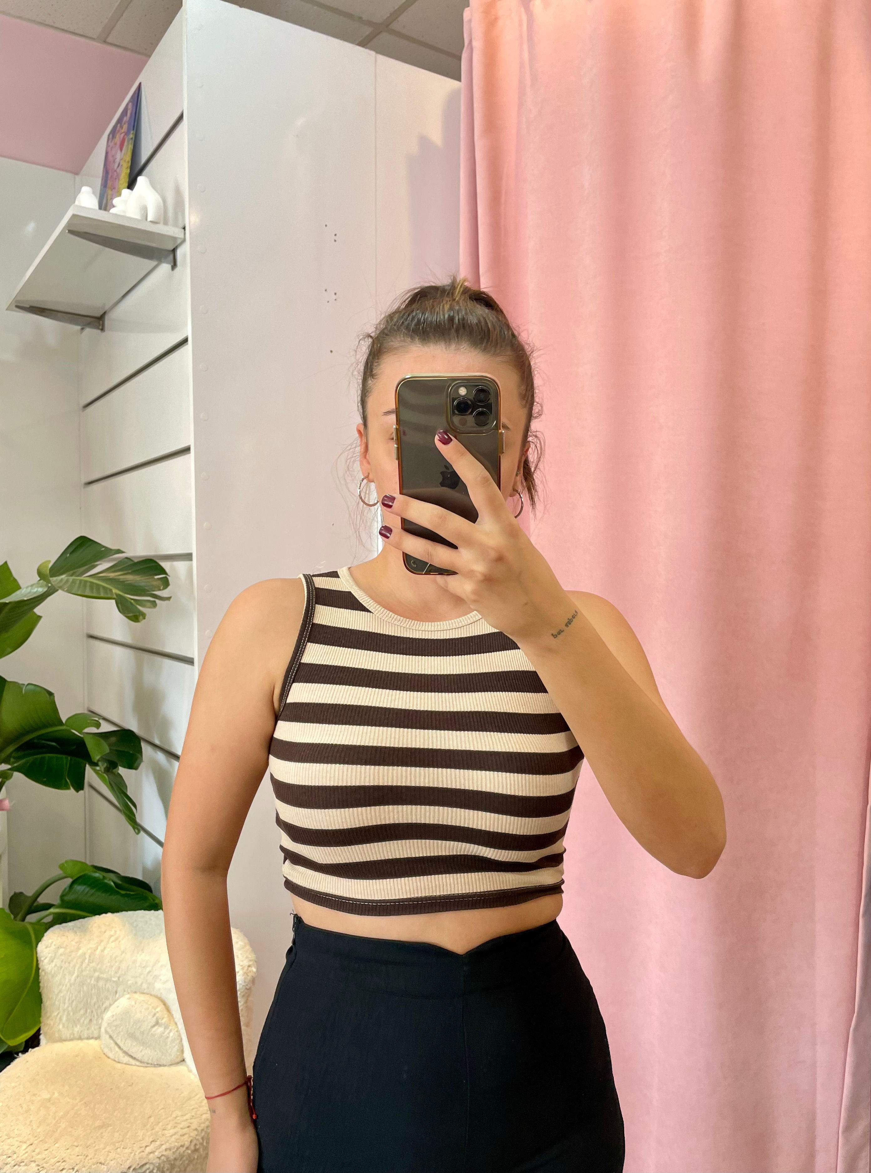 Bej -Kahve çizgili örme crop