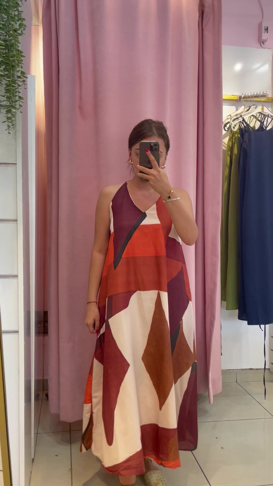 Orj Marka Muadili desenli sırt dekolteli astarlı uzun elbise