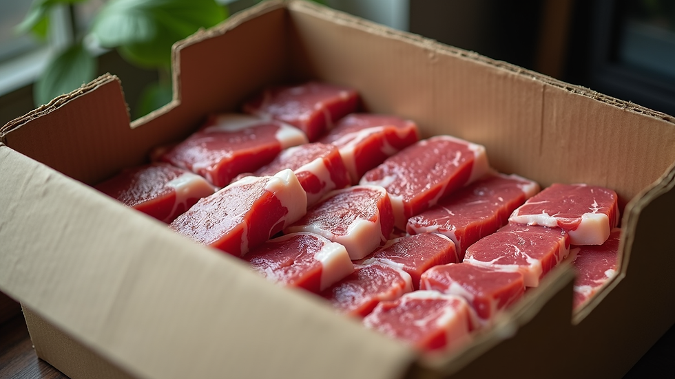 High angle view of a delivery box filled with fresh meat cuts
