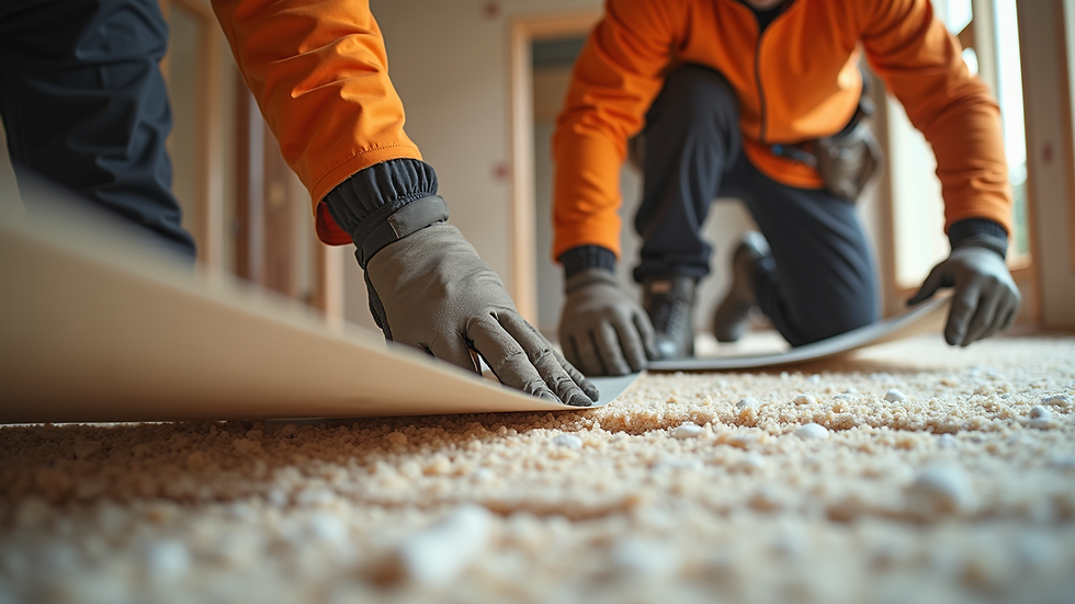 Close-up view of construction workers installing insulation material