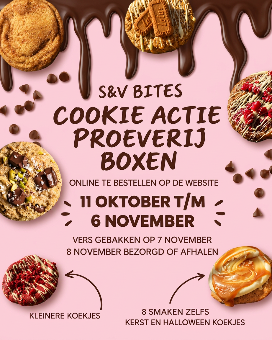 Graphic design promoting cookie tasting boxes. Appetizing cookies with chocolate and caramel are featured, with details of an event and ordering dates.