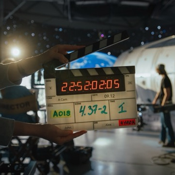 Behind-the-scenes film production set representing our custom motion graphics templates for film sequences and broadcast cred