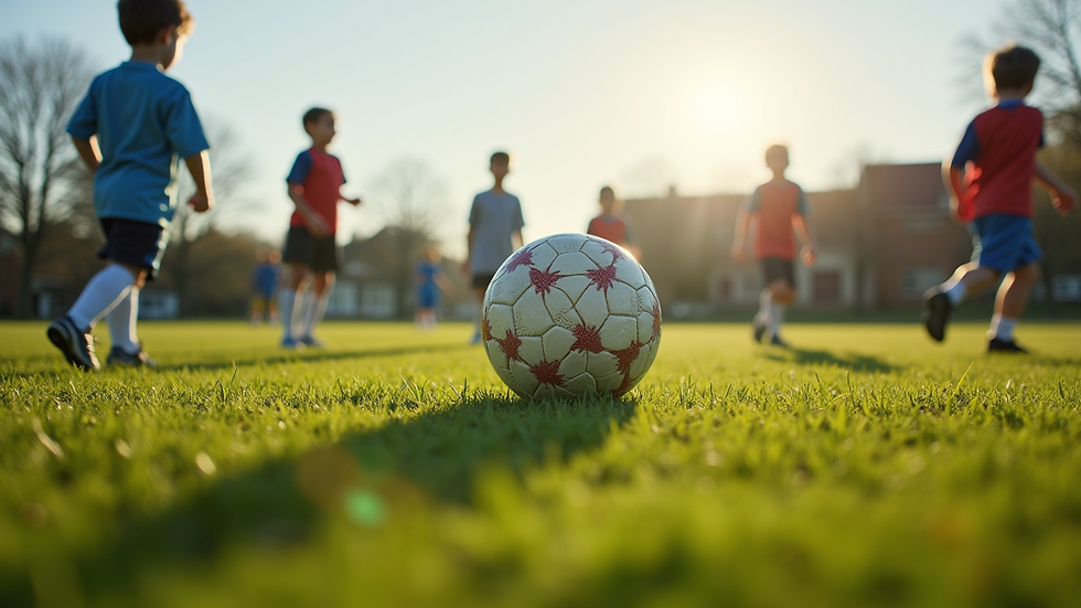 Eye-level view of a community football field with children playing